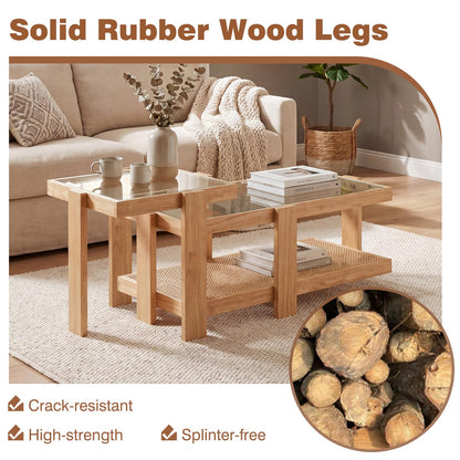 Goflame Nesting Coffee Table Set of 2 with Tempered Glass Top & Solid Rubber Wood Frame