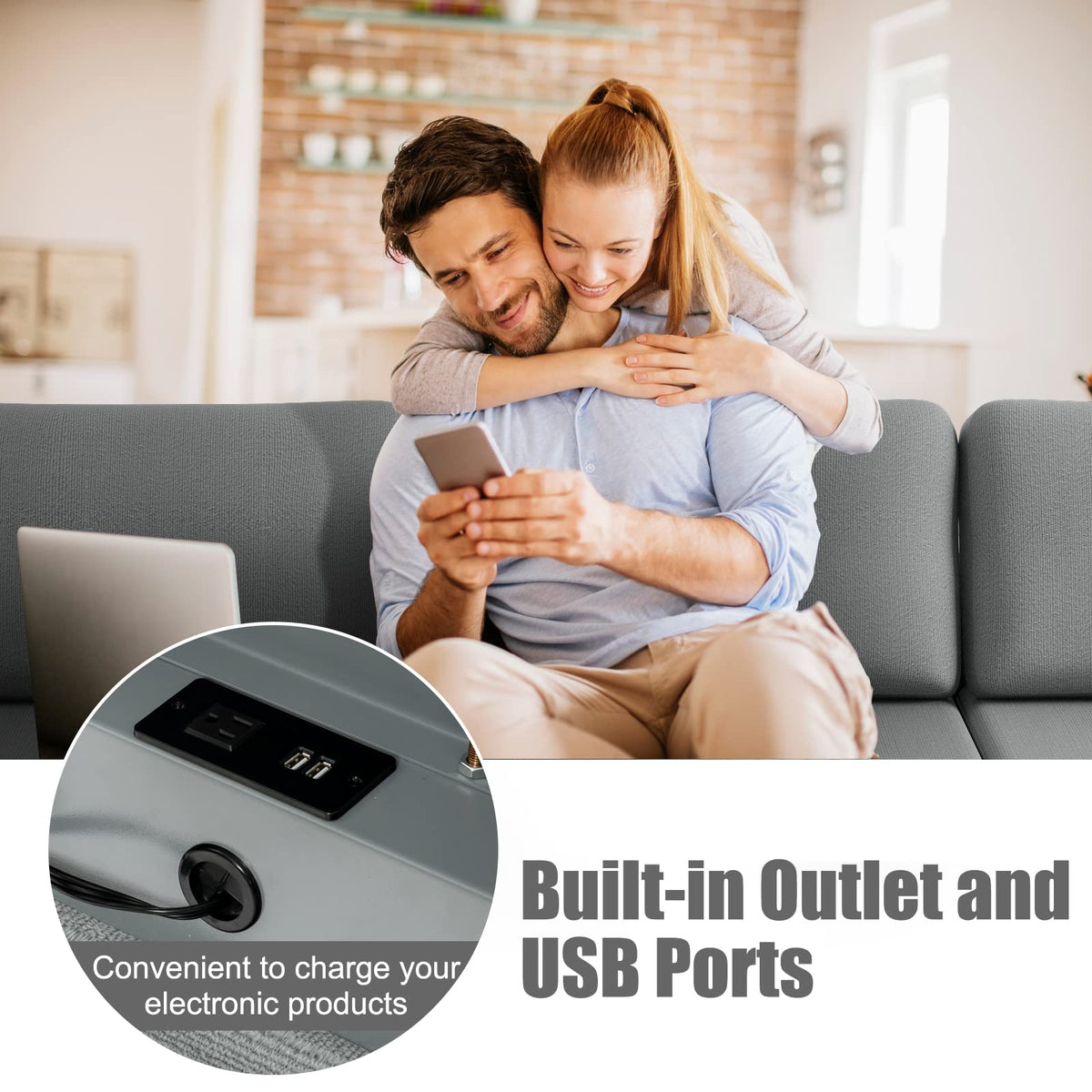 Goflame 4 Seat Convertible Sofa Couch with USB Ports Socket