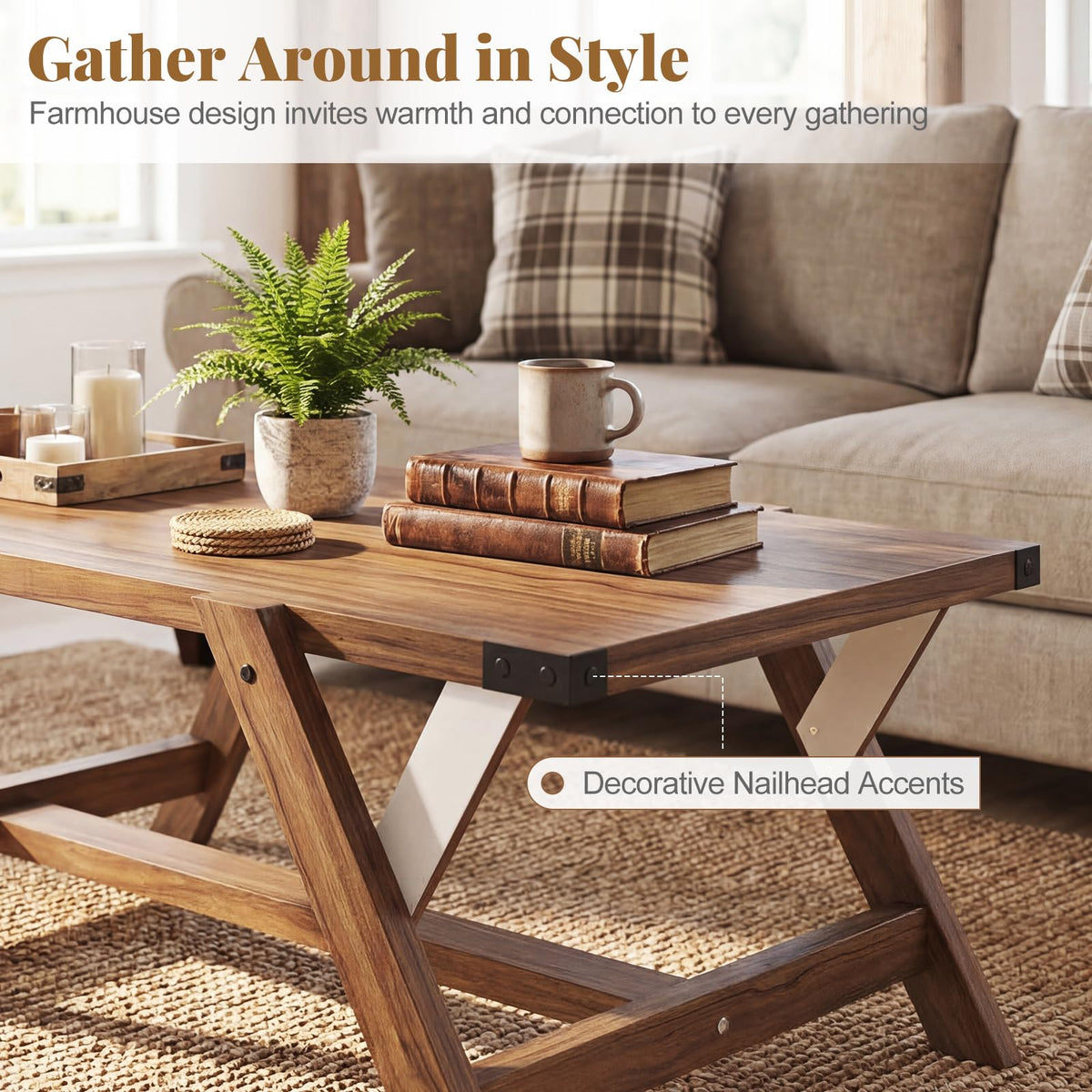 Goflame 35.5" Farmhouse Coffee Table with Decorative Nailhead Accents & Robust Frame