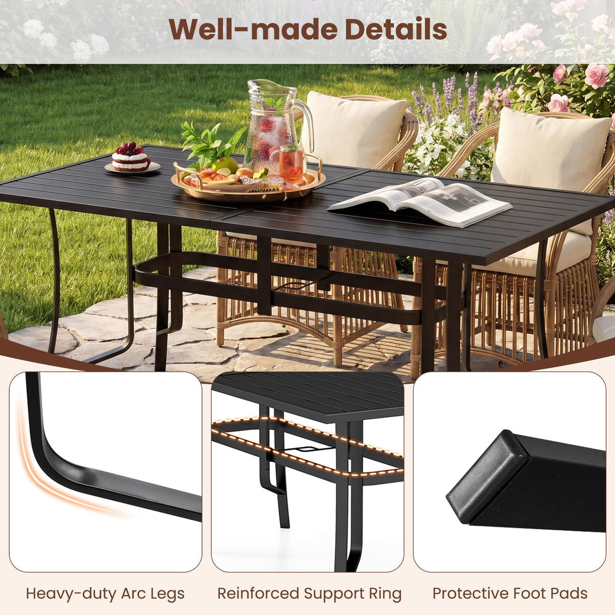 Goflame Rectangular Patio Dining Table for 6 with Adjustable Umbrella Hole for Porch