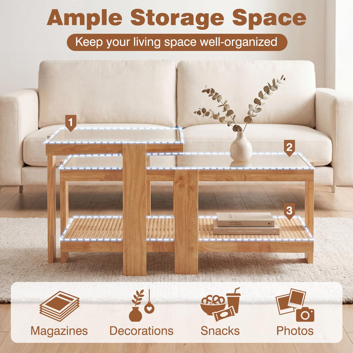 Goflame Nesting Coffee Table Set of 2 with Tempered Glass Top & Solid Rubber Wood Frame