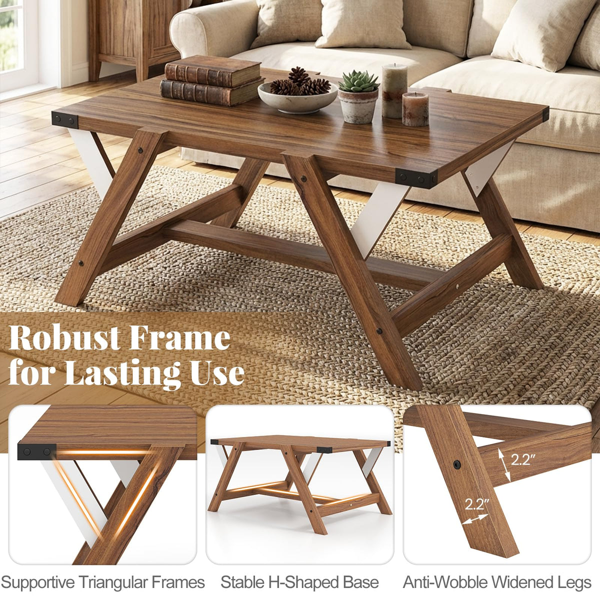 Goflame 35.5" Farmhouse Coffee Table with Decorative Nailhead Accents & Robust Frame