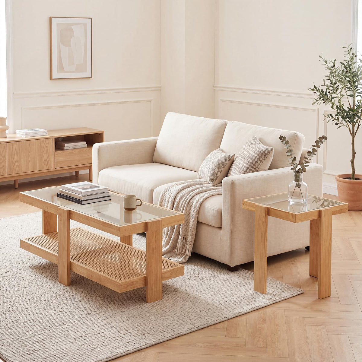 Goflame Nesting Coffee Table Set of 2 with Tempered Glass Top & Solid Rubber Wood Frame