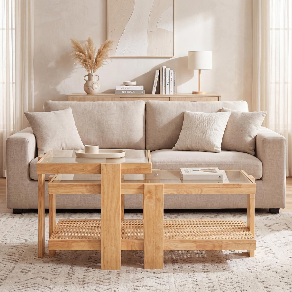 Goflame Nesting Coffee Table Set of 2 with Tempered Glass Top & Solid Rubber Wood Frame