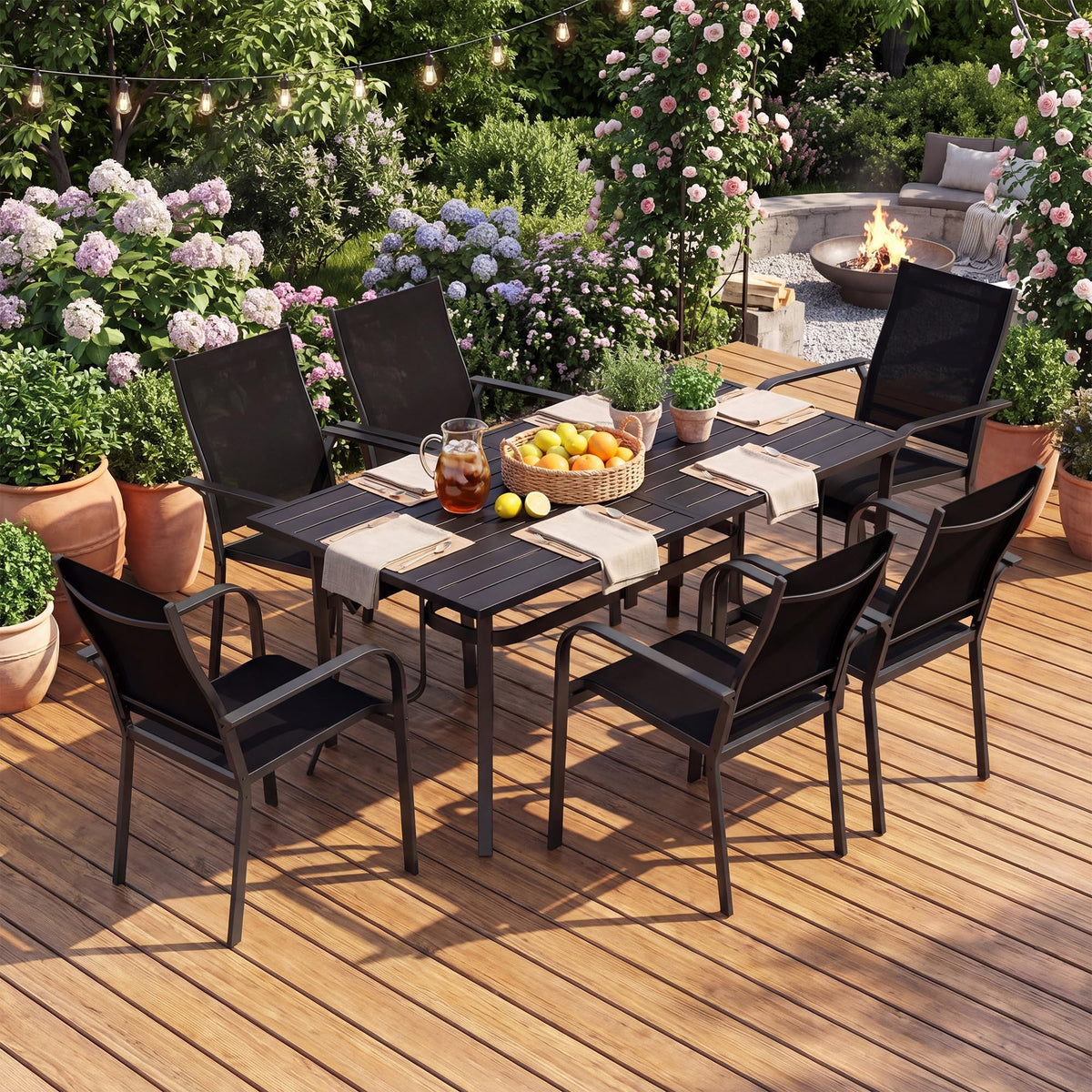 Goflame Rectangular Patio Dining Table for 6 with Adjustable Umbrella Hole for Porch