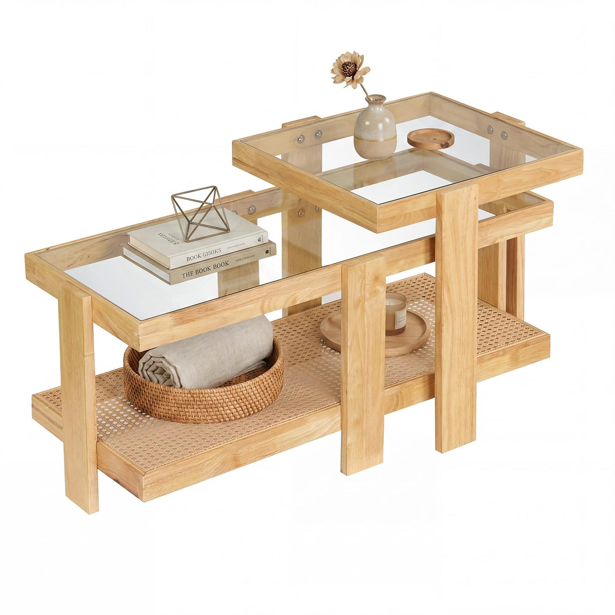 Goflame Nesting Coffee Table Set of 2 with Tempered Glass Top & Solid Rubber Wood Frame