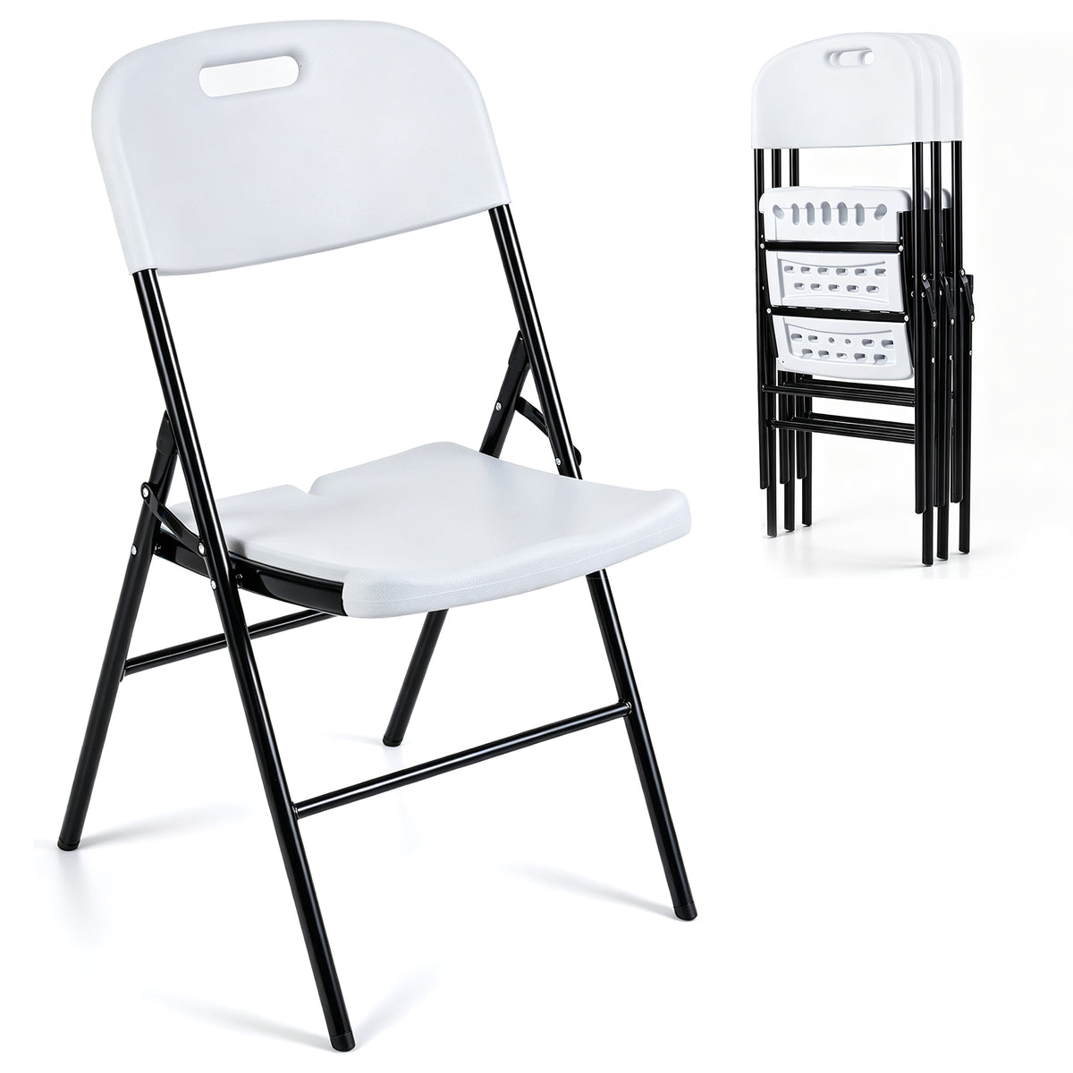Goflame Folding Plastic Chairs 4 Pack w/HDPE Backrest & Seat, White | Stackable Portable Seating w/ Steel Frame