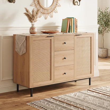 Goflame 47.5 Sideboard Buffet Cabinet with Storage with 2 Rattan Doors and 3 Drawers