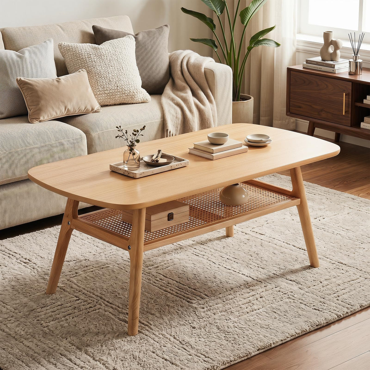 Goflame Rattan Coffee Table with Storage & Solid Rubber Wood Legs