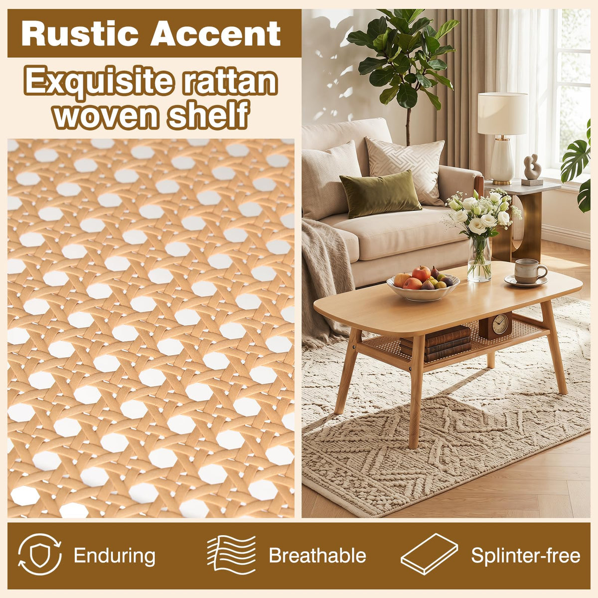 Goflame Rattan Coffee Table with Storage & Solid Rubber Wood Legs