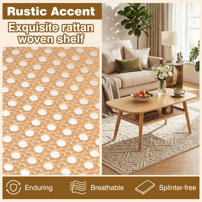 Goflame Rattan Coffee Table with Storage & Solid Rubber Wood Legs