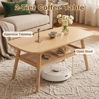 Goflame Rattan Coffee Table with Storage & Solid Rubber Wood Legs
