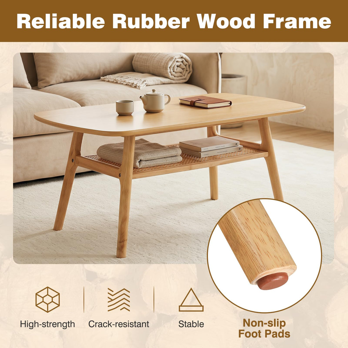 Goflame Rattan Coffee Table with Storage & Solid Rubber Wood Legs