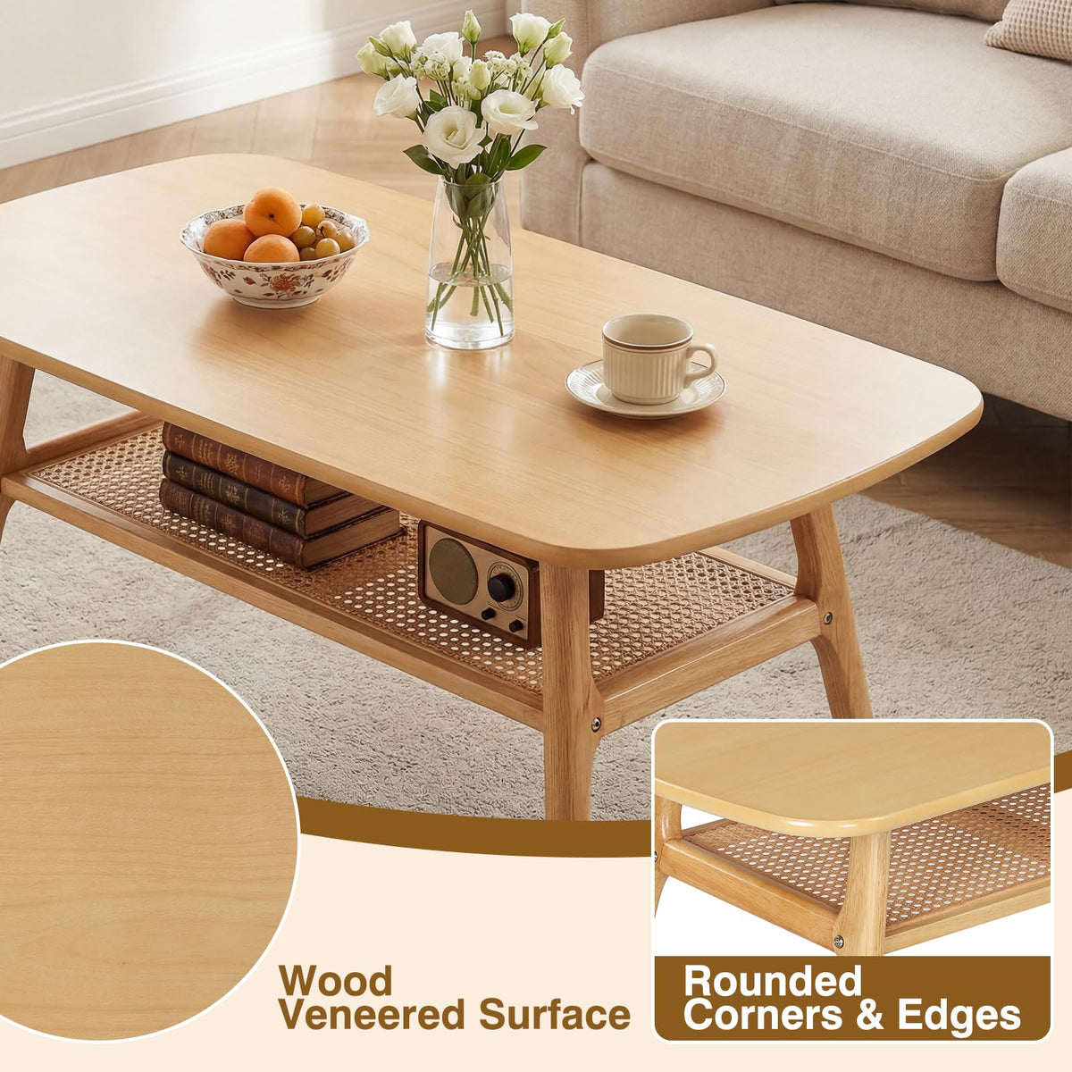 Goflame Rattan Coffee Table with Storage & Solid Rubber Wood Legs