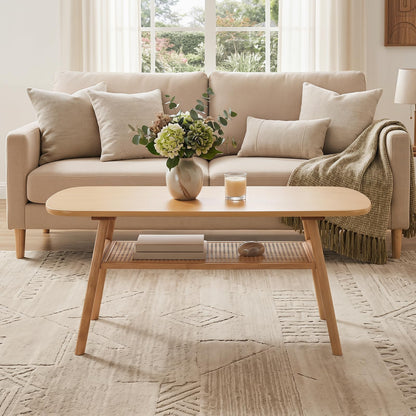 Goflame Rattan Coffee Table with Storage & Solid Rubber Wood Legs