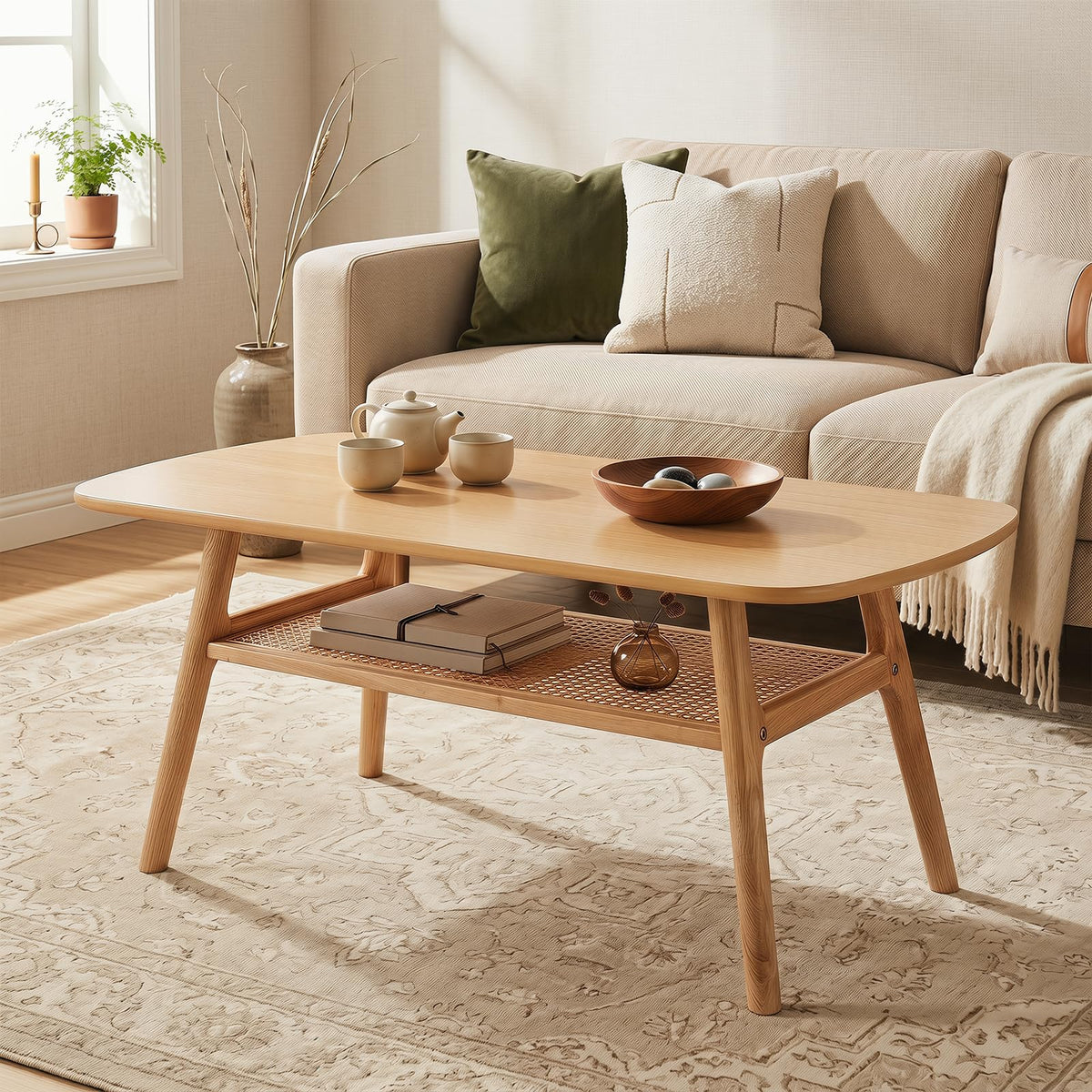 Goflame Rattan Coffee Table with Storage & Solid Rubber Wood Legs