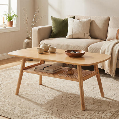 Goflame Rattan Coffee Table with Storage & Solid Rubber Wood Legs