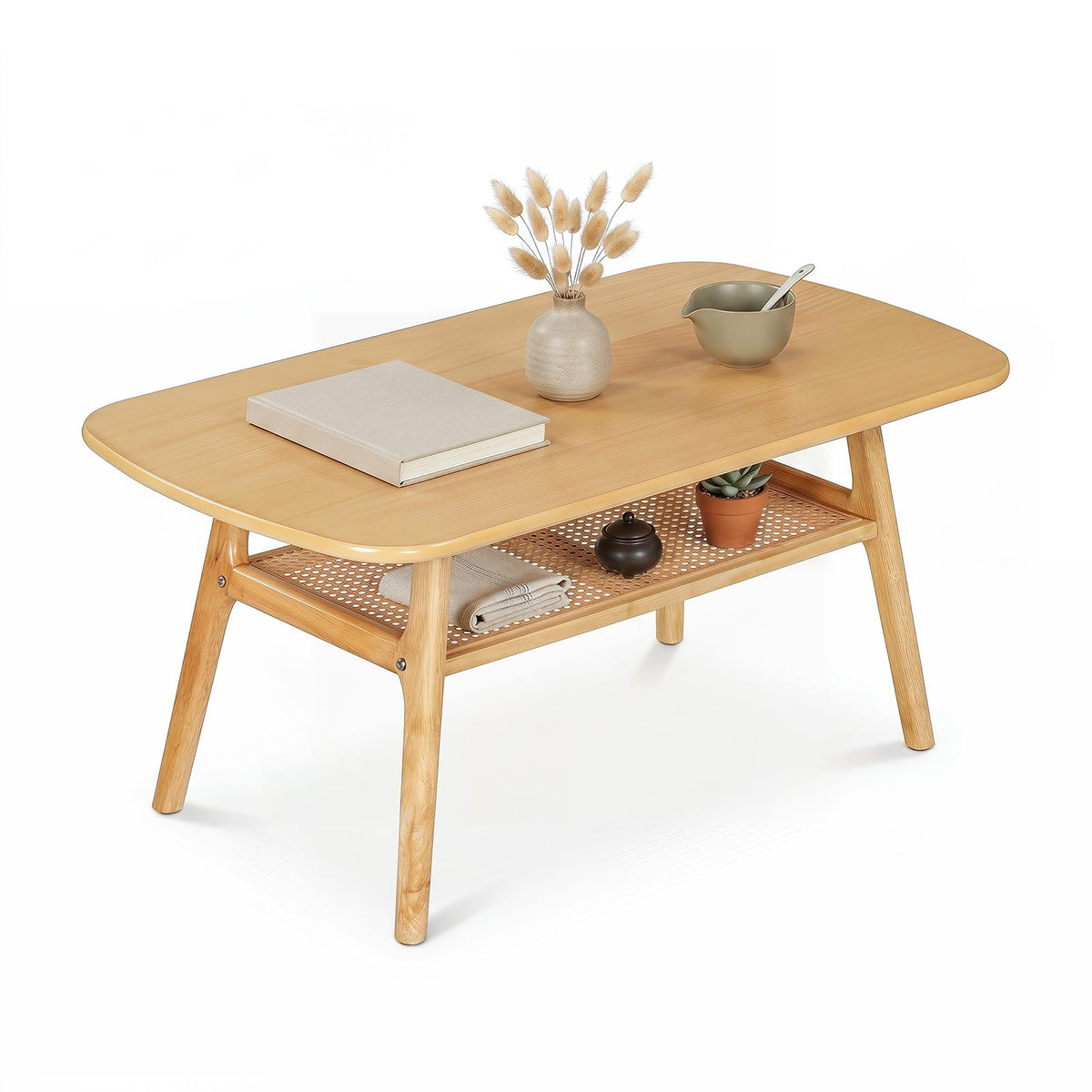 Goflame Rattan Coffee Table with Storage & Solid Rubber Wood Legs