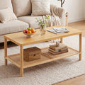 Goflame Rattan Coffee Table with Rubber Wood Frame & PVC Rattan Storage Shelf