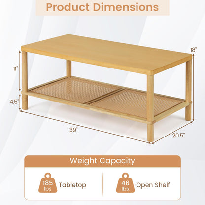 Goflame Rattan Coffee Table with Rubber Wood Frame & PVC Rattan Storage Shelf