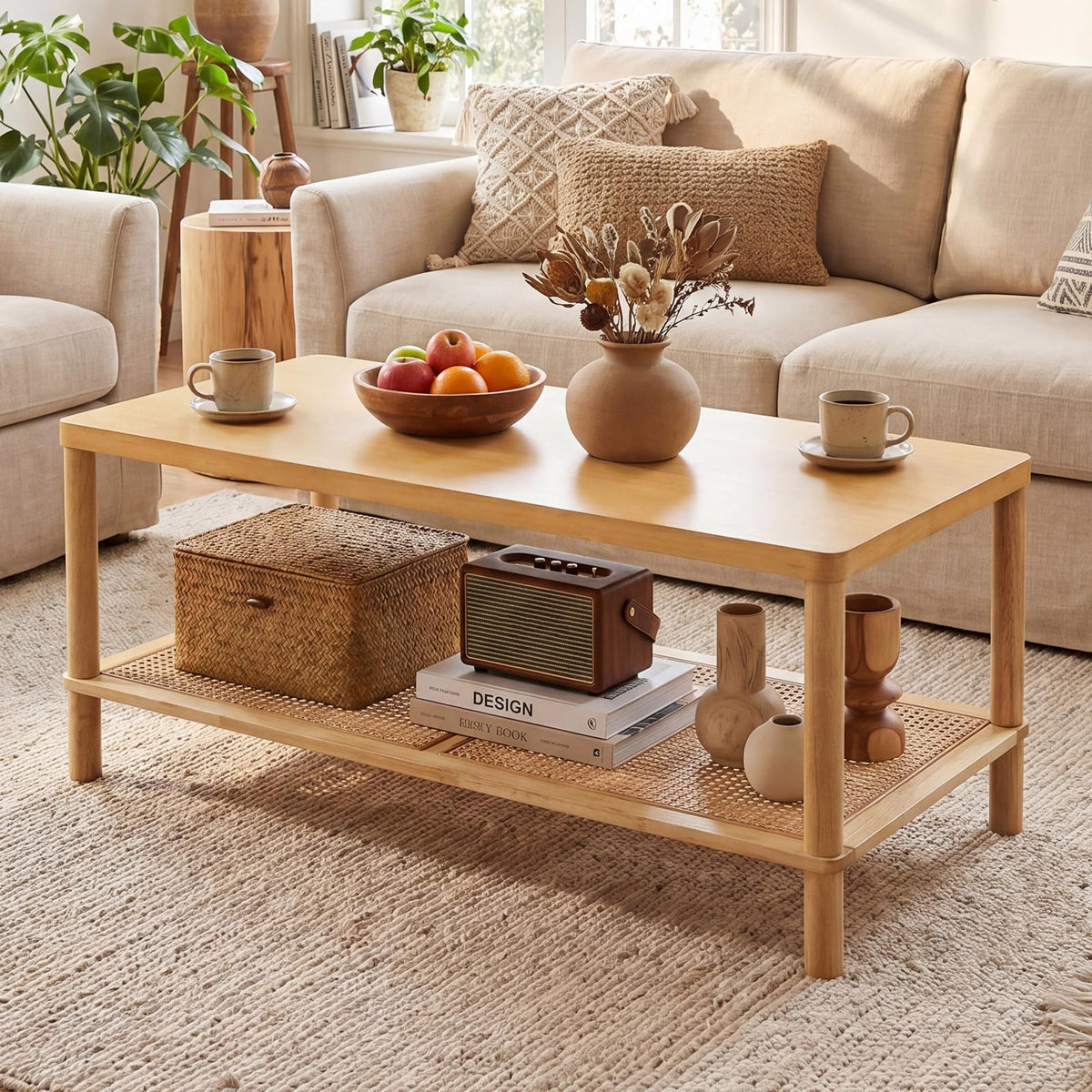 Goflame Rattan Coffee Table with Rubber Wood Frame & PVC Rattan Storage Shelf