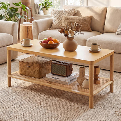 Goflame Rattan Coffee Table with Rubber Wood Frame & PVC Rattan Storage Shelf