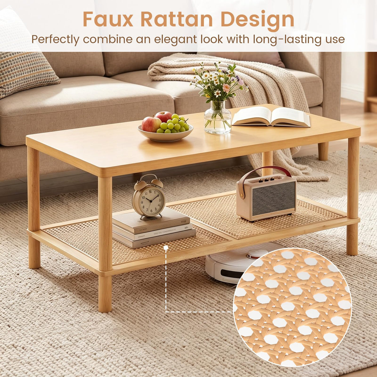 Goflame Rattan Coffee Table with Rubber Wood Frame & PVC Rattan Storage Shelf
