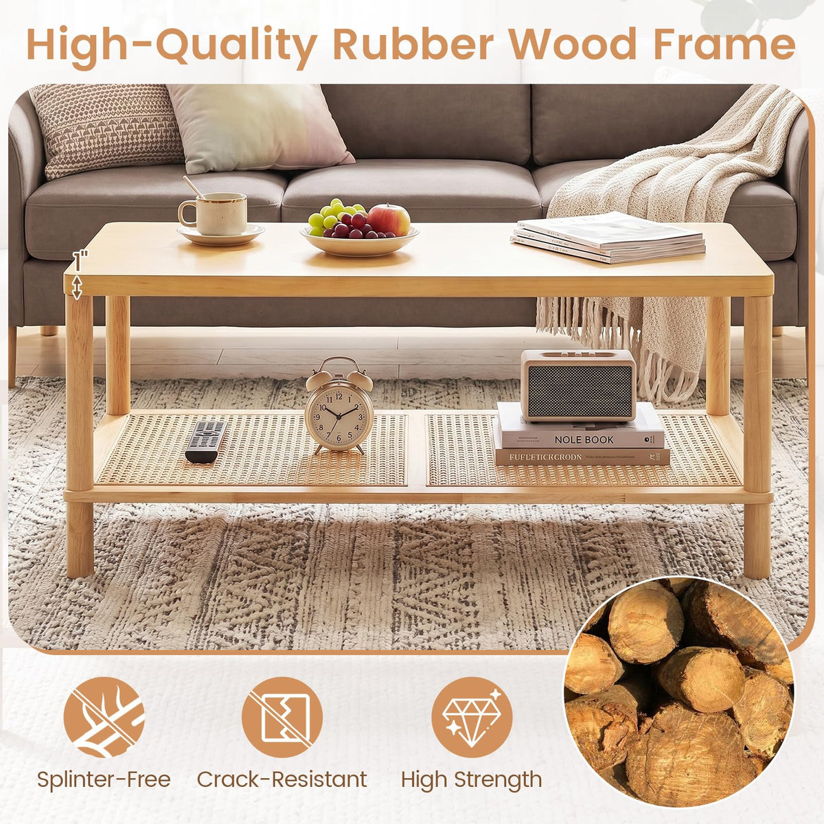 Goflame Rattan Coffee Table with Rubber Wood Frame & PVC Rattan Storage Shelf