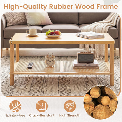 Goflame Rattan Coffee Table with Rubber Wood Frame & PVC Rattan Storage Shelf
