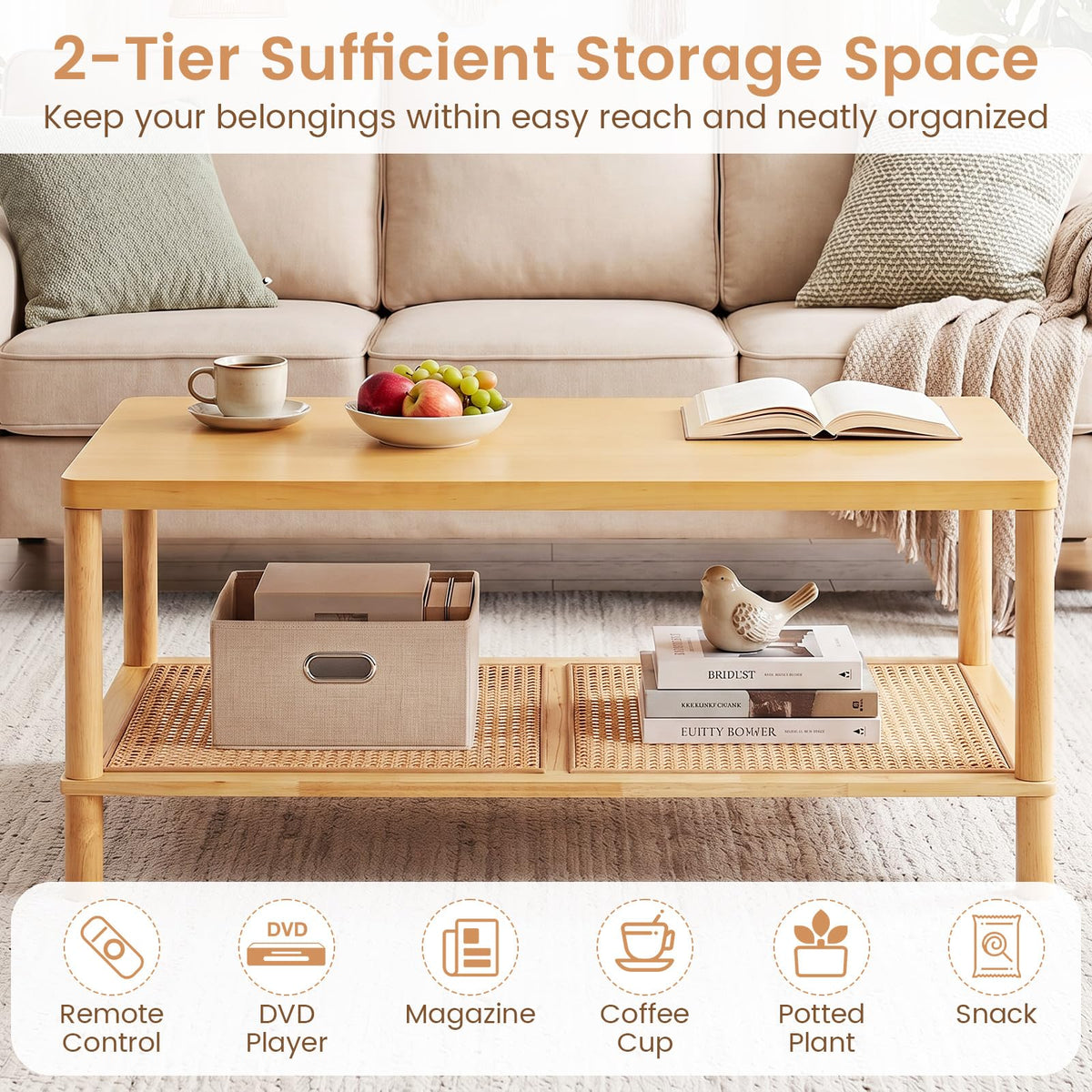 Goflame Rattan Coffee Table with Rubber Wood Frame & PVC Rattan Storage Shelf