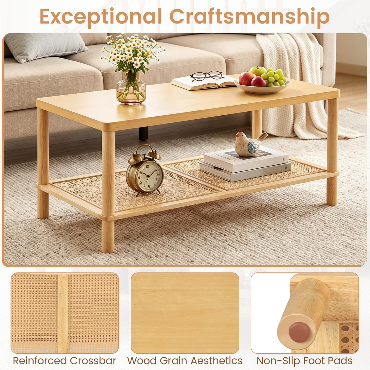 Goflame Rattan Coffee Table with Rubber Wood Frame & PVC Rattan Storage Shelf