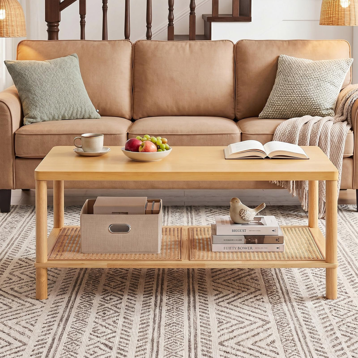 Goflame Rattan Coffee Table with Rubber Wood Frame & PVC Rattan Storage Shelf
