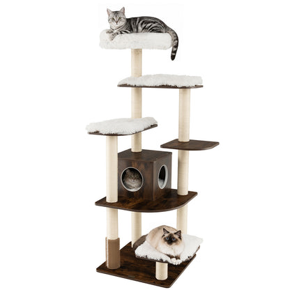 7-Tier Wooden Cat Tree, 71" Cat Tower with Sisal Scratch Posts, Self-Groomer and Top Viewing Perch, Indoor Cat Furniture with Cozy Condo & Washable Cushions, Brown and Beige