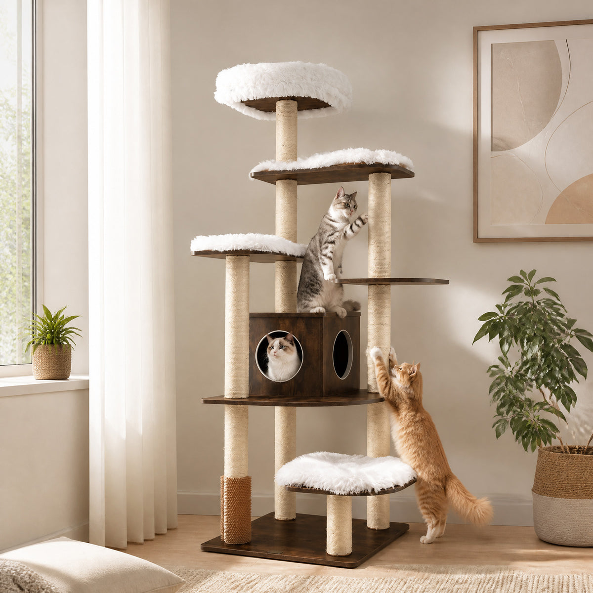 7-Tier Wooden Cat Tree, 71" Cat Tower with Sisal Scratch Posts, Self-Groomer and Top Viewing Perch, Indoor Cat Furniture with Cozy Condo & Washable Cushions, Brown and Beige