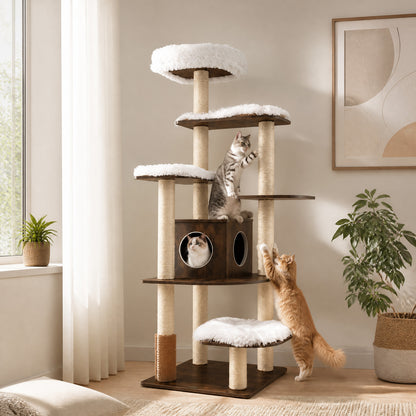 7-Tier Wooden Cat Tree, 71" Cat Tower with Sisal Scratch Posts, Self-Groomer and Top Viewing Perch, Indoor Cat Furniture with Cozy Condo & Washable Cushions, Brown and Beige