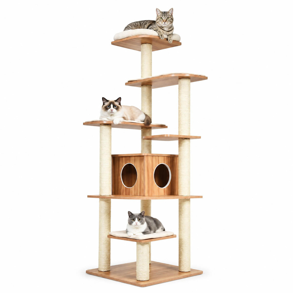 7-Tier Wooden Cat Tree, 71" Cat Tower with Sisal Scratch Posts, Self-Groomer and Top Viewing Perch, Indoor Cat Furniture with Cozy Condo & Washable Cushions, Brown and Beige