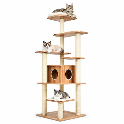 7-Tier Wooden Cat Tree, 71" Cat Tower with Sisal Scratch Posts, Self-Groomer and Top Viewing Perch, Indoor Cat Furniture with Cozy Condo & Washable Cushions, Brown and Beige