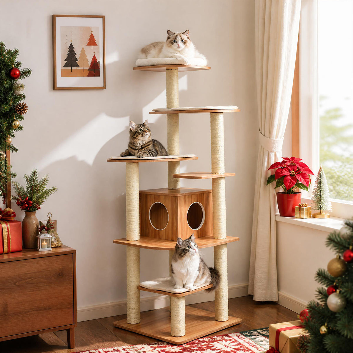 7-Tier Wooden Cat Tree, 71" Cat Tower with Sisal Scratch Posts, Self-Groomer and Top Viewing Perch, Indoor Cat Furniture with Cozy Condo & Washable Cushions, Brown and Beige
