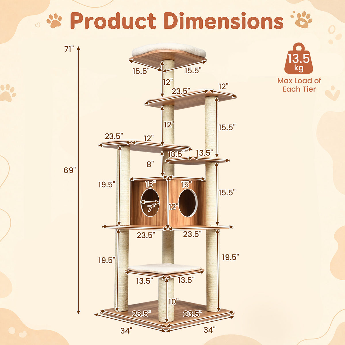 7-Tier Wooden Cat Tree, 71" Cat Tower with Sisal Scratch Posts, Self-Groomer and Top Viewing Perch, Indoor Cat Furniture with Cozy Condo & Washable Cushions, Brown and Beige
