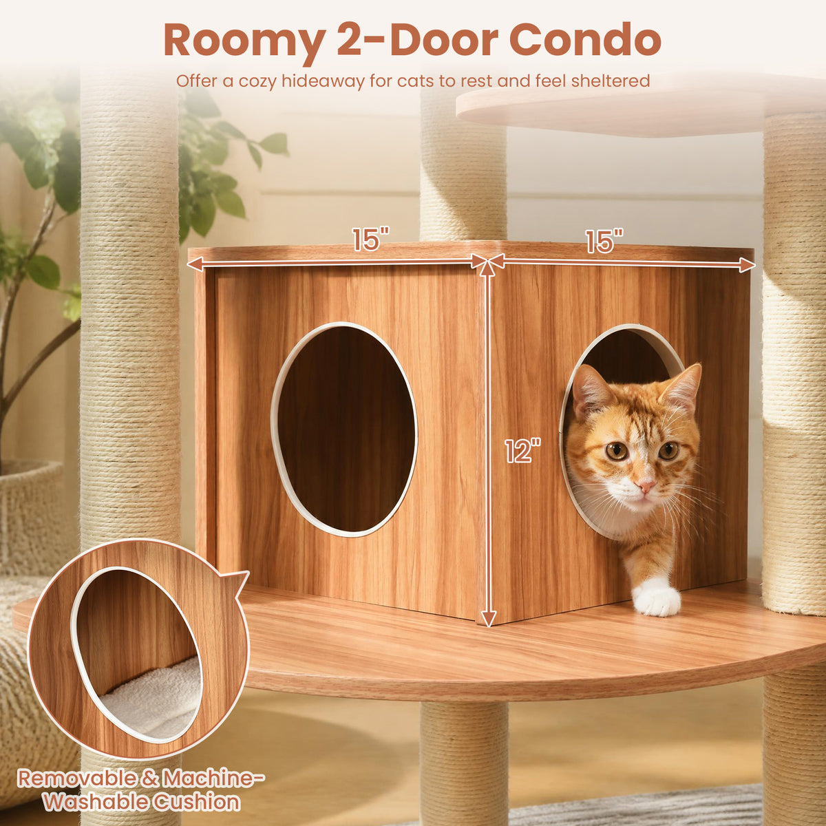 7-Tier Wooden Cat Tree, 71" Cat Tower with Sisal Scratch Posts, Self-Groomer and Top Viewing Perch, Indoor Cat Furniture with Cozy Condo & Washable Cushions, Brown and Beige