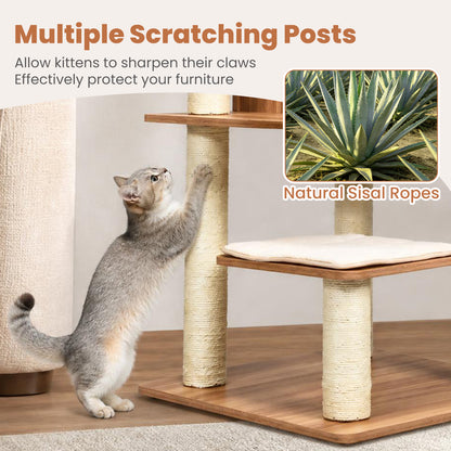 7-Tier Wooden Cat Tree, 71" Cat Tower with Sisal Scratch Posts, Self-Groomer and Top Viewing Perch, Indoor Cat Furniture with Cozy Condo & Washable Cushions, Brown and Beige