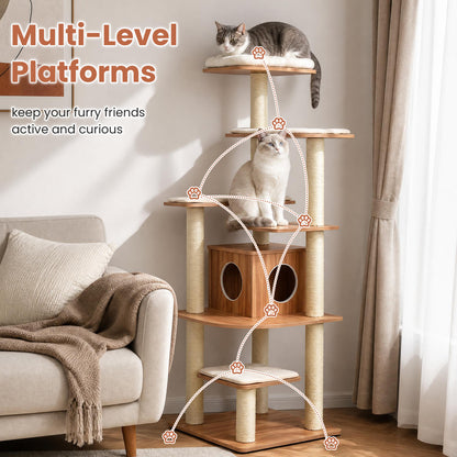 7-Tier Wooden Cat Tree, 71" Cat Tower with Sisal Scratch Posts, Self-Groomer and Top Viewing Perch, Indoor Cat Furniture with Cozy Condo & Washable Cushions, Brown and Beige
