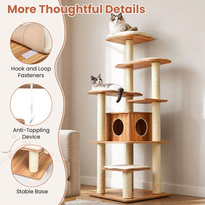 7-Tier Wooden Cat Tree, 71" Cat Tower with Sisal Scratch Posts, Self-Groomer and Top Viewing Perch, Indoor Cat Furniture with Cozy Condo & Washable Cushions, Brown and Beige