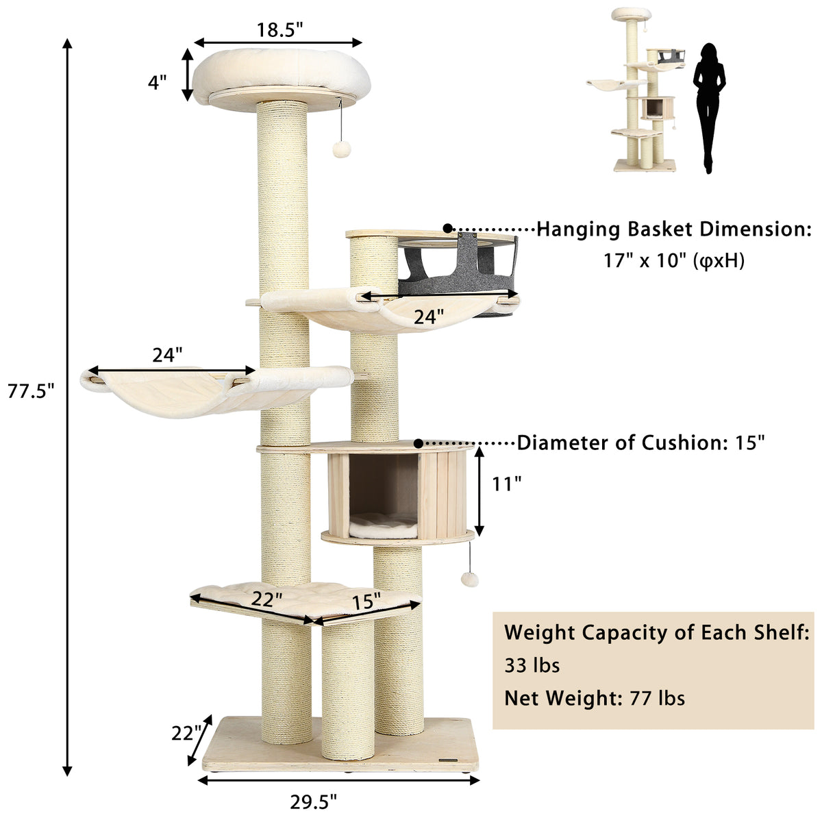 77.5" Wooden Cat Tree, Modern Multi-Level Cat Tower with Padded Perch, 2 Hammocks & Basket Bed, Sisal Scratching Posts and Dangling Balls for Indoor Cat Use