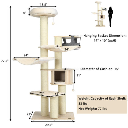 77.5" Wooden Cat Tree, Modern Multi-Level Cat Tower with Padded Perch, 2 Hammocks & Basket Bed, Sisal Scratching Posts and Dangling Balls for Indoor Cat Use