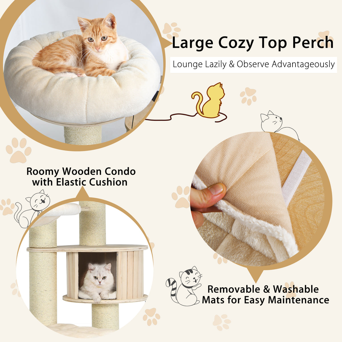 77.5" Wooden Cat Tree, Modern Multi-Level Cat Tower with Padded Perch, 2 Hammocks & Basket Bed, Sisal Scratching Posts and Dangling Balls for Indoor Cat Use