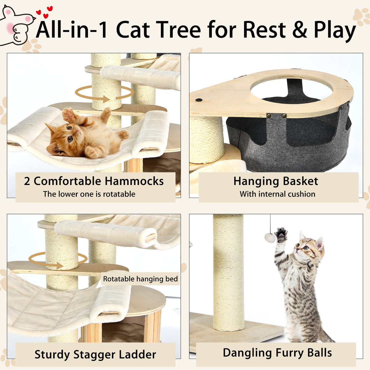 77.5" Wooden Cat Tree, Modern Multi-Level Cat Tower with Padded Perch, 2 Hammocks & Basket Bed, Sisal Scratching Posts and Dangling Balls for Indoor Cat Use