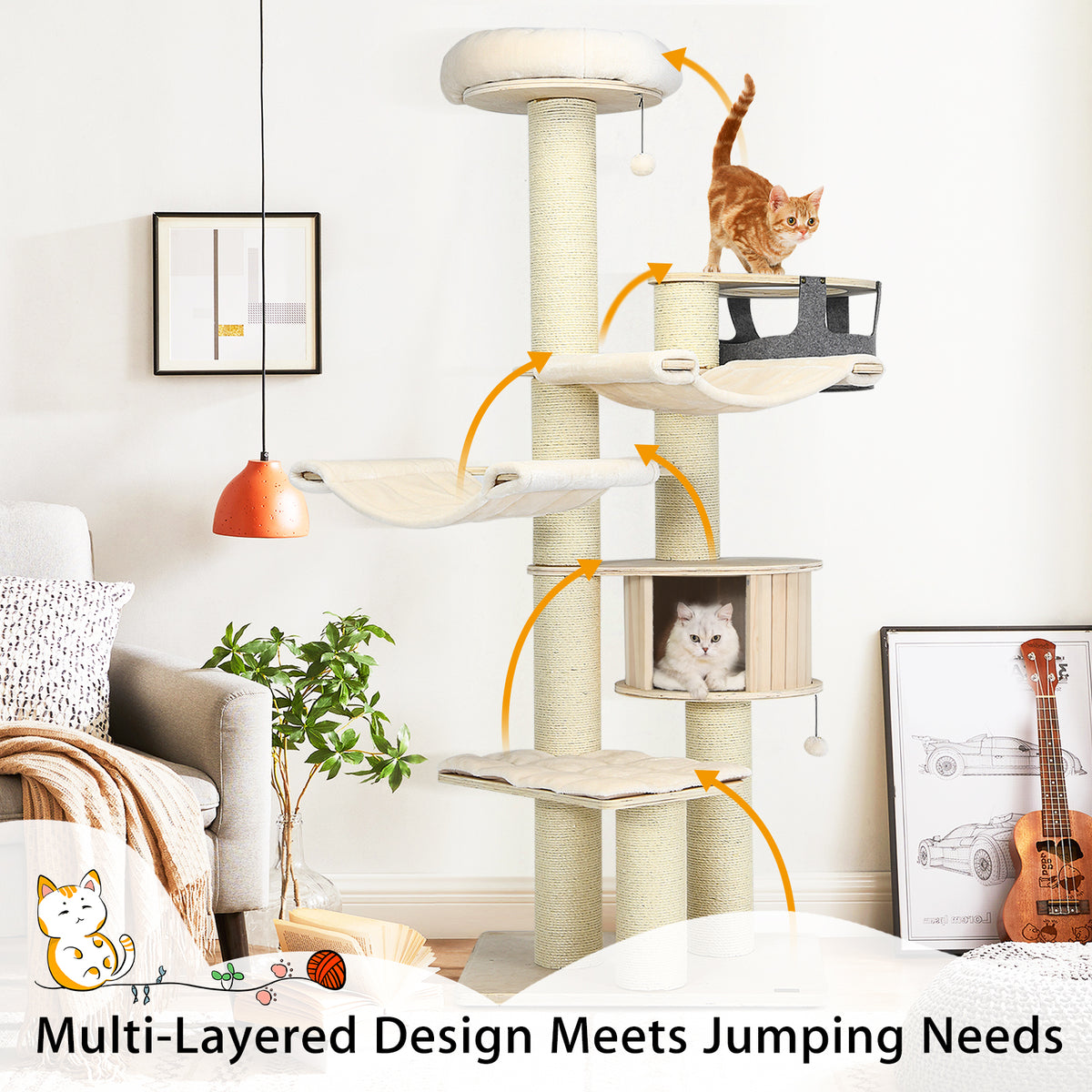 77.5" Wooden Cat Tree, Modern Multi-Level Cat Tower with Padded Perch, 2 Hammocks & Basket Bed, Sisal Scratching Posts and Dangling Balls for Indoor Cat Use