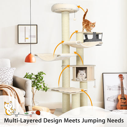 77.5" Wooden Cat Tree, Modern Multi-Level Cat Tower with Padded Perch, 2 Hammocks & Basket Bed, Sisal Scratching Posts and Dangling Balls for Indoor Cat Use