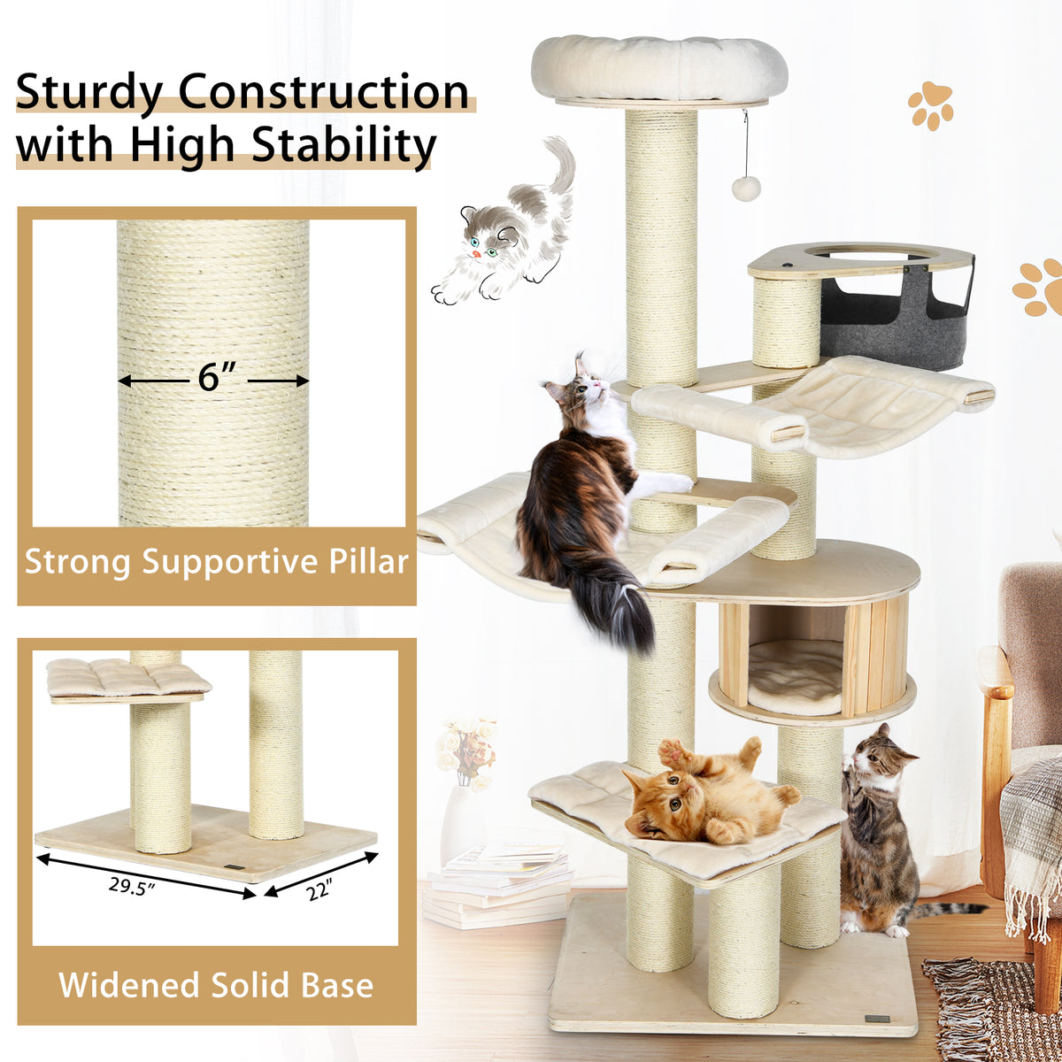 77.5" Wooden Cat Tree, Modern Multi-Level Cat Tower with Padded Perch, 2 Hammocks & Basket Bed, Sisal Scratching Posts and Dangling Balls for Indoor Cat Use